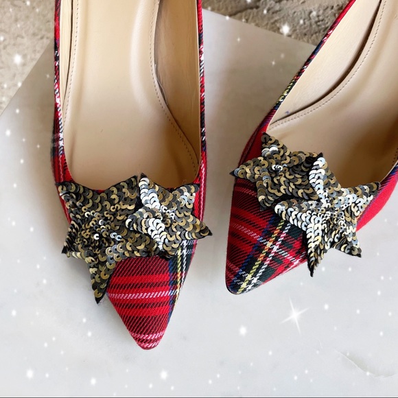 J. CREW COLLECTION Tartan Plaid Silver Sequin Star Pointy Toe Lucie Pumps Heels - Picture 5 of 13